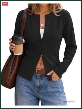 Women's Lightweight Fitted Cardigan Sweater Button Front Crew Neck Long Sleeve